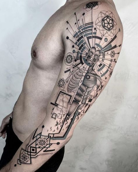 50+ unique and trendy male shoulder tattoo ideas. We’ve combined them into 12 groups so you can easily choose the most suitable one. Mandala Chest Tattoo, Electronic Tattoo, Spiral Tattoos, Geometric Sleeve Tattoo, Sacred Geometry Tattoo, Mens Shoulder Tattoo, Geometry Tattoo, Geometric Tattoo Design, Spiritual Tattoos