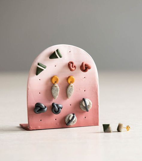 How To Make Clay Earring Holder and Earrings Online | JOANN Clay Stud Earring Holder, Air Clay Earring Holder, Earring Holder Pottery, Earing Holder Ceramic, Oven Bake Clay Jewelry Holder, Ceramics Earring Holder, Earring Clay Holder, Earings Holder Clay, Diy Earring Holder Clay