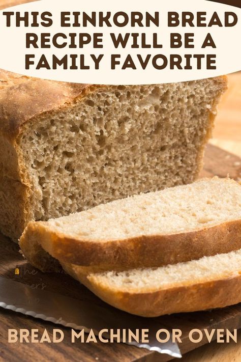 loaf of einkorn bread sliced Whole Grain Einkorn Bread, Emmer Flour Bread, Bread Machine Einkorn Bread, Einkorn Recipes Breads, Einkorn Quick Bread, Einkorn Sandwich Bread Recipe, Einkorn French Bread, Einkorn Graham Crackers, Einkorn Flour Bread Machine Recipes