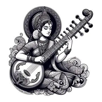 Saraswati Maa Mandala Art, Saraswati Goddess Drawing, Saraswati Goddess Mandala Art, Saraswati Devi Illustration, Saraswati Bina Drawing, Vasant Panchami, Saraswati Puja, Black And White Clip Art, Basant Panchami