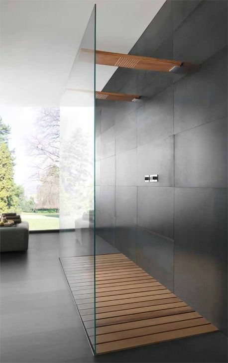 Stunning bathroom design with timber shower base and charcoal tiles. Large space with large floor to ceiling window. Spa Aesthetic, Dekorere Bad, Pool Bathroom, Double Shower, Primary Bathroom, Contemporary Bathroom Designs, Bad Inspiration, Glass Walls, Bath Ideas