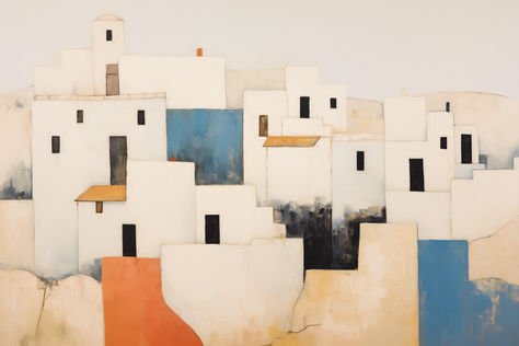 Step into a world of subtle earth tones and the unmistakable charm of the Aegean with our Rustic Greek Village Canvas Art. This piece captures the heart of a traditional Greek island settlement, with its abstract depiction of the simple yet striking geometry of the village structures. The artwork is a symphony of warm beige and cool blues, reflecting the natural palette of the Mediterranean landscape. Cubism Architecture, Greek Village, Village Painting, Mediterranean Landscape, Vintage Coastal, Mediterranean Landscaping, Natural Palette, Architectural Prints, Warm Beige