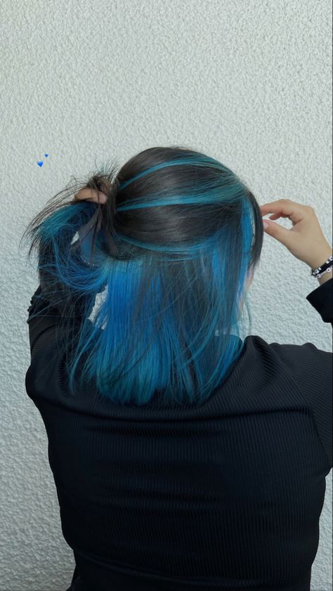 Bright Blue Highlights In Black Hair, Blue Hair Color For Short Hair, Black Blue Hair Color Short, Blue And Black Color Block Hair, Halo Blue Hair, Blue Highlights In Short Hair, Halo Under Hair Dye, Black And Blue Halo Hair, Blue Under Dye Hair