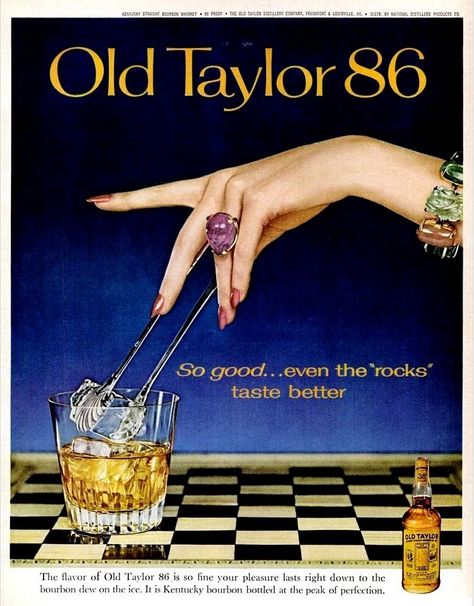 1962 Old Taylor 86 Bourbon Whiskey Vintage Alcohol Ads, Advertisement Inspiration, Bacardi Rum, Kentucky Straight Bourbon Whiskey, Straight Bourbon Whiskey, Vintage Cocktail, Bourbon Whiskey, Print Ads, Vintage Ads