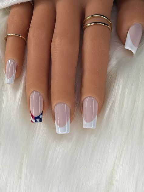 French Tip American Flag Nails, Coffin Shape 4th Of July Nails, French Tip Nails With Design Fourth Of July, 4th Of July Nail Designs Chrome, White Forth Of July Nails, Chic 4th Of July Nails, Simple 4th Of July Nails Acrylic, Plain 4th Of July Nails, Colorful French Tip Nails With Design