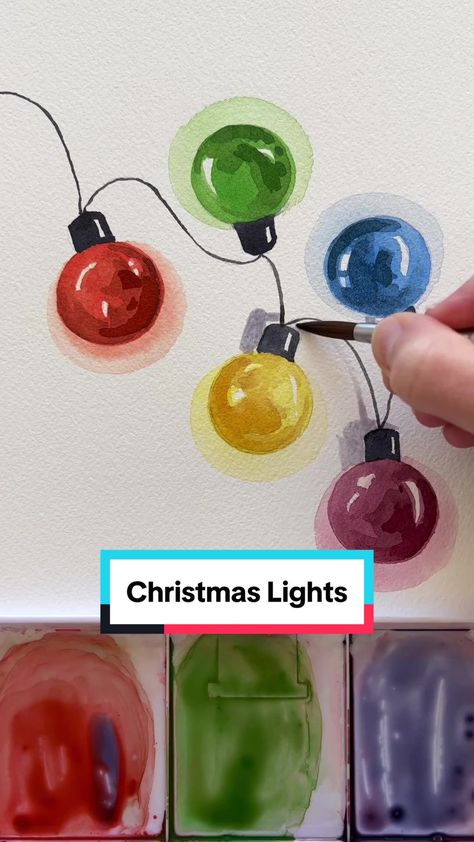 Mallery Jane on TikTok Watercolor Tiktok, Christmas Cards Aquarel, Christmas Lights Watercolor, Easy Christmas Watercolor Cards, Mallery Jane, Christmas Cards Watercolor, Christmas Watercolors, Postcard Project, Christmas Card Watercolor