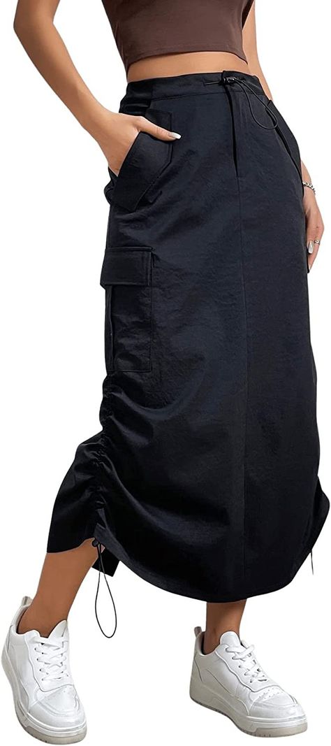 Cargo Skirt Long Skirt Cargo, How To Style Cargo Skirt Long, Cargo Skirt Outfits Women, Long Cargo Skirt With Pockets, Long Cargo Skirts, Cargo Skirt Pattern, Casual Black Cargo Skirt With Side Pockets, Trendy Black Cotton Cargo Skirt, Cargo Skirt Long