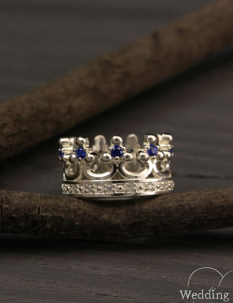 Crown engagement rings set from Sterling Silver by WeddingRingsStore, Couple crown rings with sapphires, His and Hers crown rings, Crown wedding band set, Silver crown rings, Wide crown rings  #silverring #weddingring #Engagementrings #valentine Male Crown Rings, White Gold Wedding Bands Women, Couples Wedding Rings Set, Gold Thumb Rings, Crown Engagement Ring, Silver Crown Ring, King Ring, White Gold Wedding Bands, Engagement Rings For Men