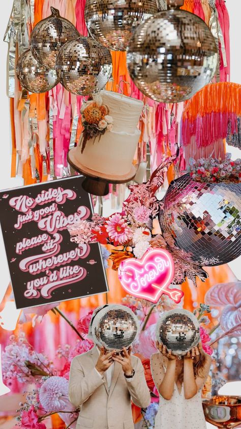 #discowedding #disco #wedding #retrowedding #myfirstshuffle Eclectic Birthday Decor, Retro Wedding Nails, Disco Backyard Party, Eclectic Birthday Party, Disco Cowgirl Wedding, Disco Theme Wedding, Disco Wedding Theme, Disco Garden Party, Boho Disco Wedding