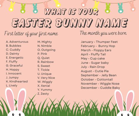 Find out your Easter Bunny Name Easter Bunny Name, Poster Activity, Bubble N, Esl Materials, Teacher Poster, Birthday Free, Teacher Posters, Bunny Names, Easter Games