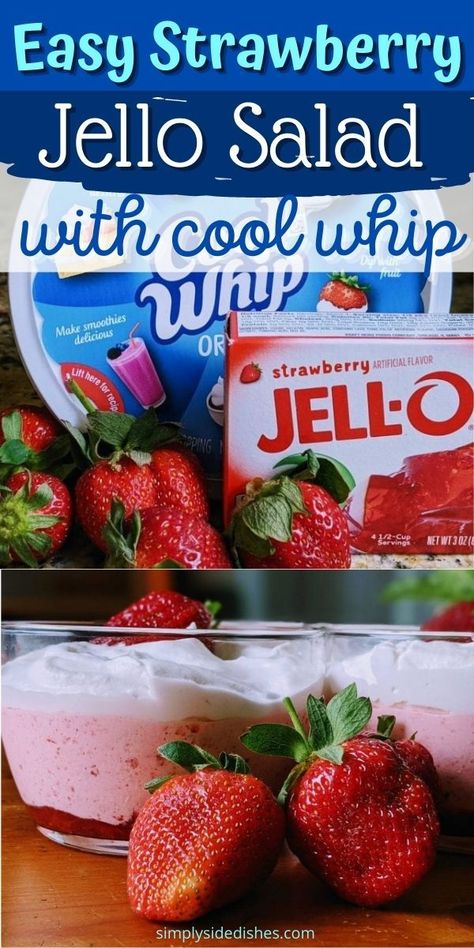 This strawberry jello salad with cool whip offers a fresh take on jello salad is a go-to side dish all spring and summer long! It’s delicious, easy to make, and will please everyone at the dinner table. Our family loves this salad, and with three ingredients, it’s a simple dish we can make for dinner or dessert all the time. Strawberry Jello And Cool Whip, Strawberry Jello With Strawberries, Hello And Cool Whip, Jello Strawberry Salad, Hello With Cool Whip, Fluffy Jello Salad Cool Whip, Strawberry Jello Whipped Cream Dessert, Jello Fruit Salad Recipes Cool Whip, Cool Whip Strawberry Dessert