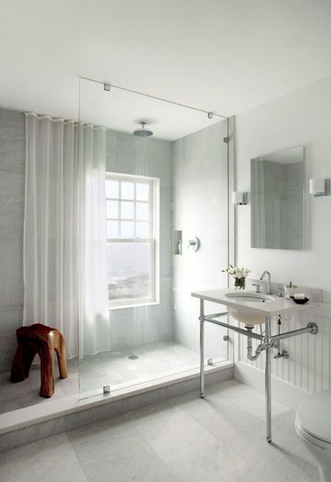 Minimal Bathrooms, Minimal Bathroom, Shower Renovation, Open Showers, Window In Shower, Bad Inspiration, New England Homes, Bathroom Windows, Large Bathrooms