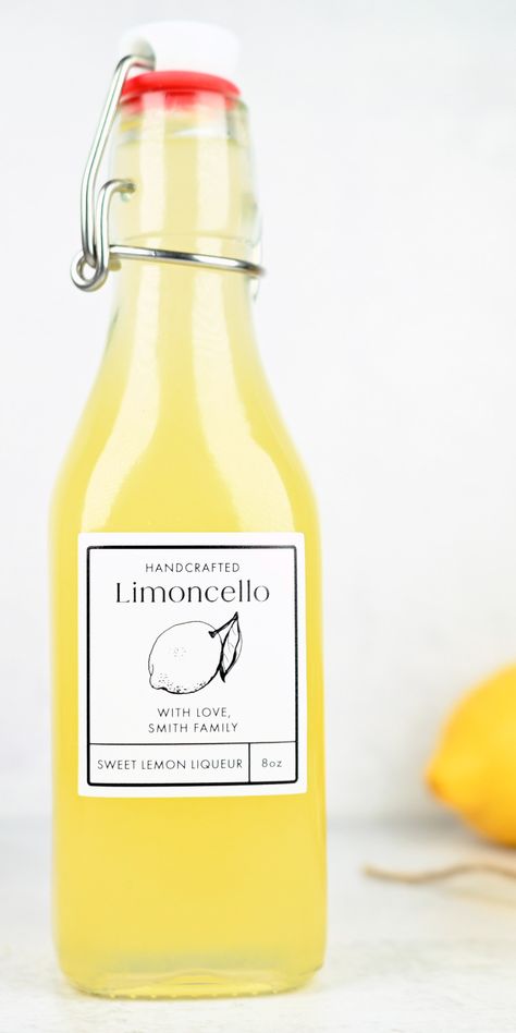 Limoncello Label that is black and white with a lemon on a swing top bottle filled with Lemon Liqueur. Homemade Limoncello Labels, Limoncello Labels, Homemade Limoncello, Oil And Water, Feb 5, Personalized Stickers, White Vinyl, Product Photography, Water Proof