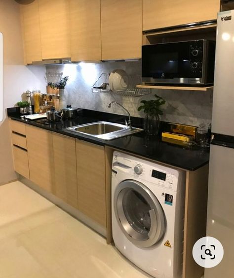 Laundry Kitchen Combo Small Spaces, Utensil Washing Area Ideas, Small Kitchen Laundry Combo, Small Kitchen With Washing Machine, Kitchen With Utility Area, Kitchen Laundry Combo Layout, Parallel Kitchen Design, Small Kitchen Plans, Compact Kitchen Design