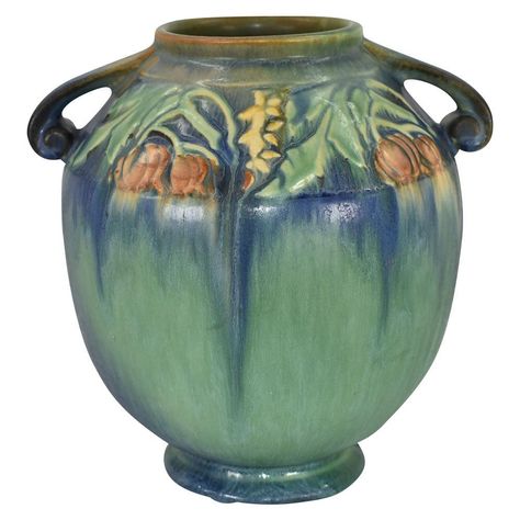 Roseville Pottery Baneda 1932 Green Arts And Crafts Vase 595-8 - Just Art Pottery Roseville Pottery Vintage, Wall Flower Vases, Pretty Objects, Red Crayon, Hobnail Vase, Color Board, Roseville Pottery, Modern Pottery, Vase Shapes