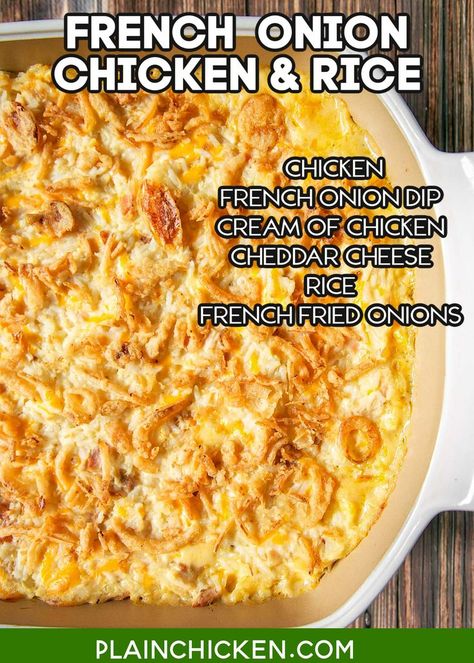 French Onion Chicken and Rice Bake recipe – cooked chicken, sour cream french onion dip, cream of chicken soup, shredded cheddar cheese, rice and french fried onions – use rotisserie chicken and it is ready for the oven in 5 minutes! On the table in 20 minutes! Super quick weeknight casserole! We made this twice in a week it was so good.🐔 French Onion Dip Chicken Thighs, Sour Cream Onion Chicken, French Onion Chicken Hashbrown Casserole, Lipton Onion Soup Mix Recipes Chicken Rice Casserole Recipes, Deans French Onion Dip Chicken, French Onion Chicken And Rice Casserole, French Onion Chicken And Rice Bake, French Onion Dip Chicken, French Onion Biscuits