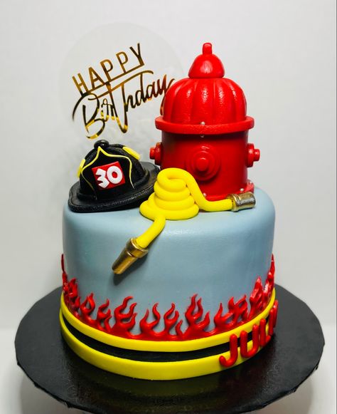 Firefighter Birthday Cakes, Graduation Cap Cake, Fire Fighter Cake, Fireman Cake, Fire Cake, Fire Academy, Firetruck Cake, Cap Cake, Firetruck Birthday Party