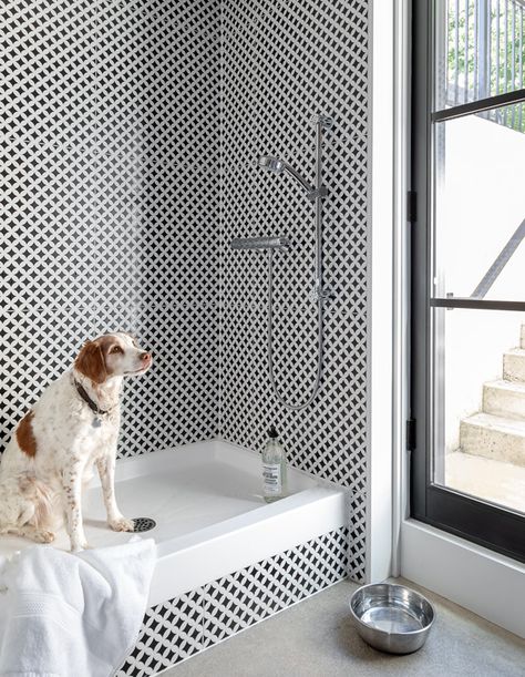 This Farmhouse Strikes The Perfect Balance Between City & Country Living - House & Home Homework Room, Black Window Frames, Ceiling Shelves, Country Modern Home, Dog Wash, Custom Built Ins, Dog Shower, Dark Walls, White Subway Tile