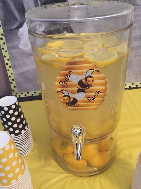 Lemonade for Bee theme party Pollen Punch Bee Themed Gender Reveal, Bee Themed Birthday Party, Interior Hallway, Bumble Bee Birthday, Honey Bee Baby Shower, Bee Theme Party, Gender Reveal Party Theme, Bee Birthday Party, Bee Baby Shower Theme