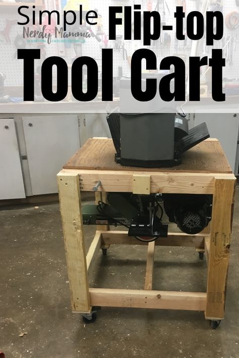 My shop is rather small, and I needed more workbench space--and I got a new tool. So I decided to make this Simple Rolling Flip-Top Tool Cart. #nerdymammablog #workshop #toolstand #toolcart #howto #build #woodworking Tool Cart Diy, Garage Workbench Plans, Workbench Plans Diy, Tool Stands, Tool Stand, Tool Cart, Diy Workbench, Woodworking Projects For Kids, Workbench Plans