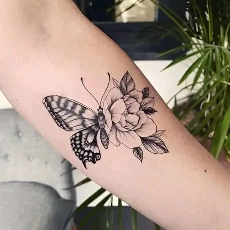 Butterfly With Flowers Tattoo, Simple Butterfly Tattoo, Carnation Tattoo, Butterfly Tattoos On Arm, Butterfly Tattoo On Shoulder, Butterfly Back Tattoo, Flower Tattoo Back, Butterfly Tattoos For Women, Skeleton Hand Tattoo