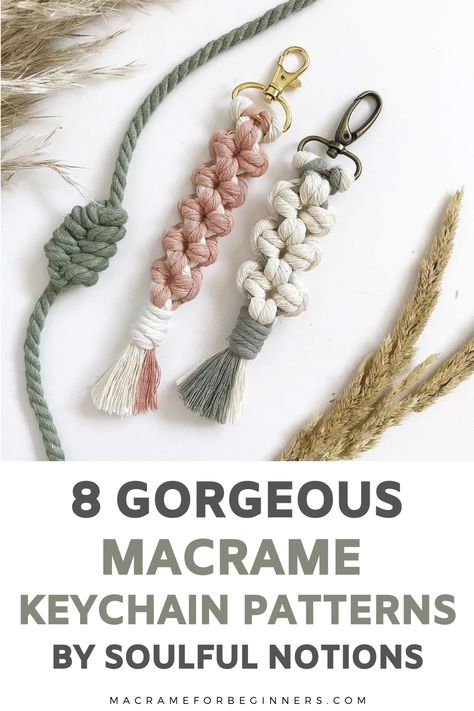 Are you looking for a fun and small Macrame project that’s super easy to make? Get started with DIY Macrame Keychain tutorials! Here are 8 beginner-friendly and free keychain patterns by Soulful Notions! Macrame keychains are really easy to make and the perfect quick projects for leftover cord scraps. When you’re looking for key clasps and keyrings, I can recommend checking Etsy for local suppliers. Check this list for some of our favorite finds! #macrame #macramekeychain #macramepattern Macrame Key Chains Patterns, Macrame Cord Projects, Macrame Keyring Tutorial, Macrame Keychain Tutorials, Macrame Scraps, Easy Macrame Keychain, Macrame Chain, Macrame Key Chains, Small Macrame Projects