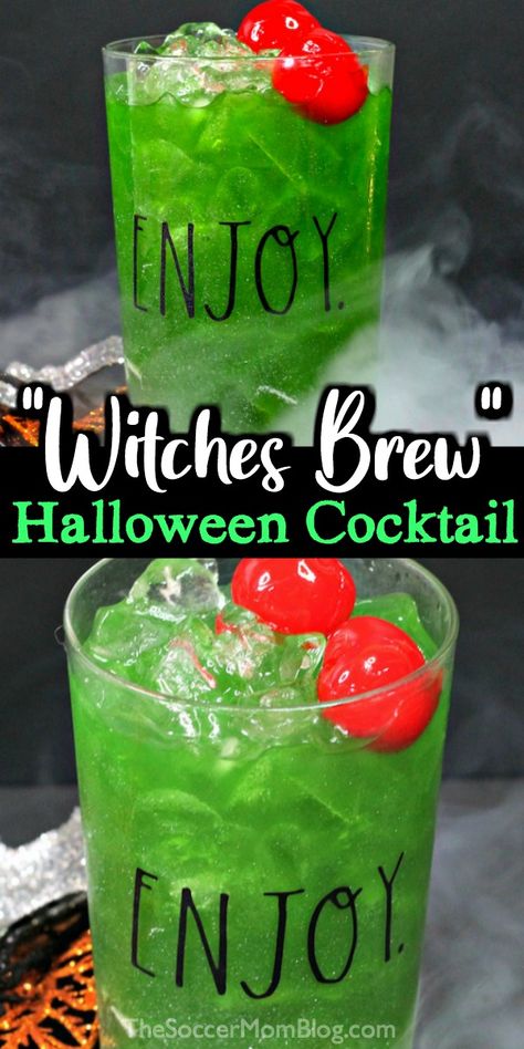 Witch Appetizers, Slushy Ideas, Witches Brew Cocktail Recipe, Sparkly Drinks, Witches Brew Drink, Witches Brew Cocktail, Crafty Cocktails, Spooky Drinks, Green Cocktails