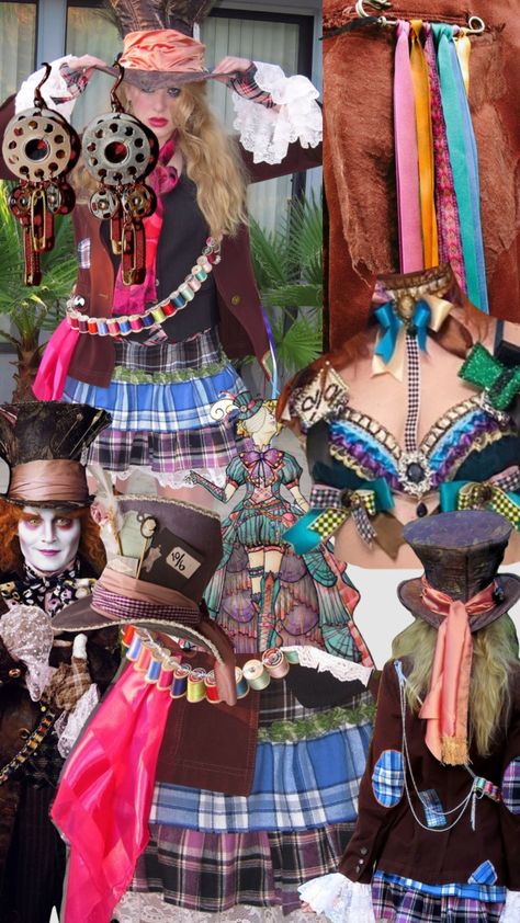 Madhatter Costume Female, Tim Burton Mad Hatter Costume, Stem Punk Costume, Colorful Steampunk Outfits, Mad Hatter Hair Ideas, Mad Hatter Bow Tie, Johnny Depp Mad Hatter Costume, Mad Hatter Women’s Costume, Modern Mad Hatter Outfit