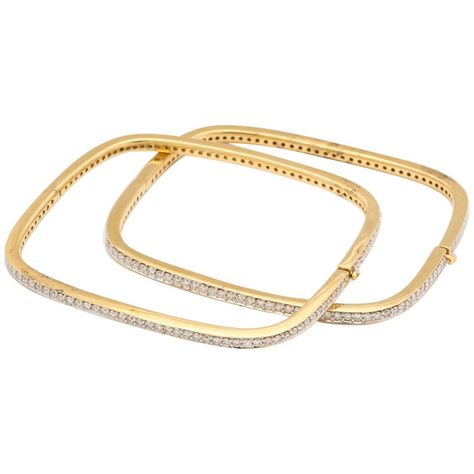 These diamond bangle bracelets are beautifully made with fine quality diamonds on all four sides. There are approximately 4 1/2carats of fine diamonds VS 1 G set in 18K yellow gold. Because of the shape, they rest on the hand and don’t slide off. 1980s Square Bangles, Antique Gold Jewelry Indian, Bangles Gold, Gold Jewelry Simple Necklace, Pearl Jewelry Wedding, Jewelry Bracelets Gold, Antique Gold Jewelry, Diamond Bangles Bracelet, Bracelets Gold