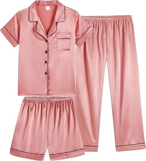 Amazon.com: Vopmocld Satin Pajama Sets Unisex Boys and Girls Silk Button Down Short Sleeve & Shorts & Pants Sleepwear 3PCS Loungewear PJS, Coral Pink, 16: Clothing, Shoes & Jewelry Pink Pajama Set, Satin Pjs, Pink Pajama, Pjs Set, Girls Pjs, Satin Sleepwear, Satin Pajama, Pink Pajamas, Button Down Short Sleeve