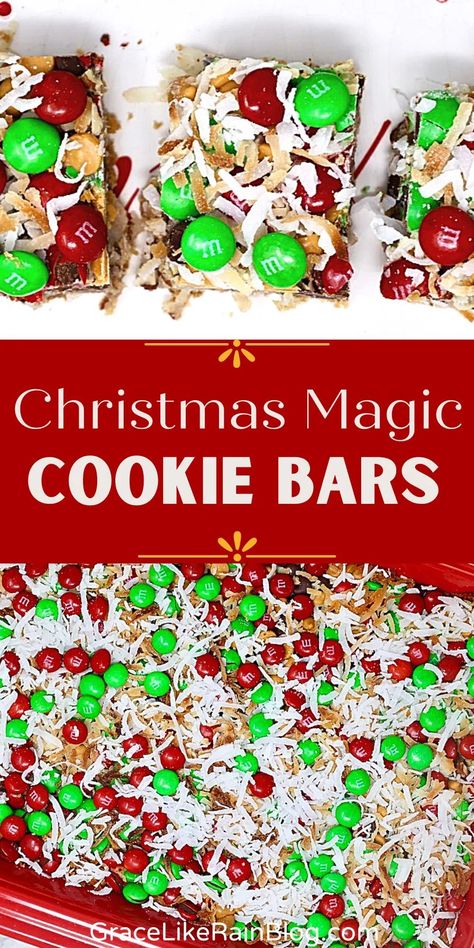 I found the Christmas Magic. These Christmas Magic Cookie Bars are a phenomenal treat to make for your Christmas Cookie Exchange this year. They're so rich and flavorful that you can cut them into small bars and have plenty to serve a crowd. I'm sharing tips on how to make these treats as beautiful as they are delicious. 7 Layer Magic Cookie Bars, Bars For Christmas, Seven Layer Bars, Christmas Cookie Bars, Magic Cookie Bars, Easy Christmas Cookie Recipes, Christmas Baking Recipes, Chocolate Candies, Christmas Candy Recipes