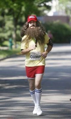 Halloween Costumes Running, Forest Gump Halloween Costumes, Forest Gump Running Costume, Mcdonald's Characters Costumes, Halloween Costumes For 5k Run, Marathon Costume Ideas, Race Costumes Running, Halloween Running Costumes Ideas, Outdoorsy Halloween Costumes