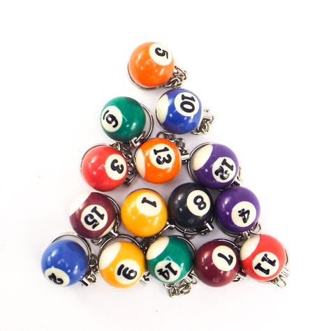 "c. 1990's NOS (new old stock) vintage pool ball keychain number of your choice in solid or striped, it'll look great hanging from your keychain! measurements: total length- 2\", ball is 1.25\" diameter excellent condition- brand new, never used, the colors are a little faded." Vintage Pool, Number Font, Pool Ball, Billiard Balls, Initial Letters, Small Jewelry, Billiards, Kitsch, Vintage Pink