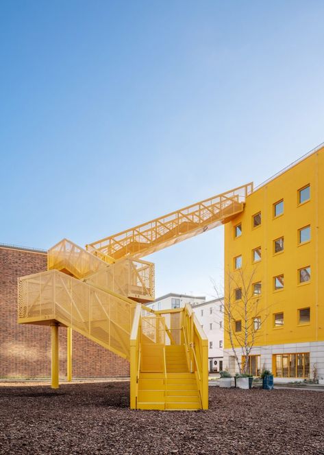 MVRDV has completed a yellow workplace in Berlin. Hans Poelzig, Yellow Office, External Staircase, Living Roofs, Rain Water Collection, Glass Facades, Grand Staircase, Urban Landscape, Office Building