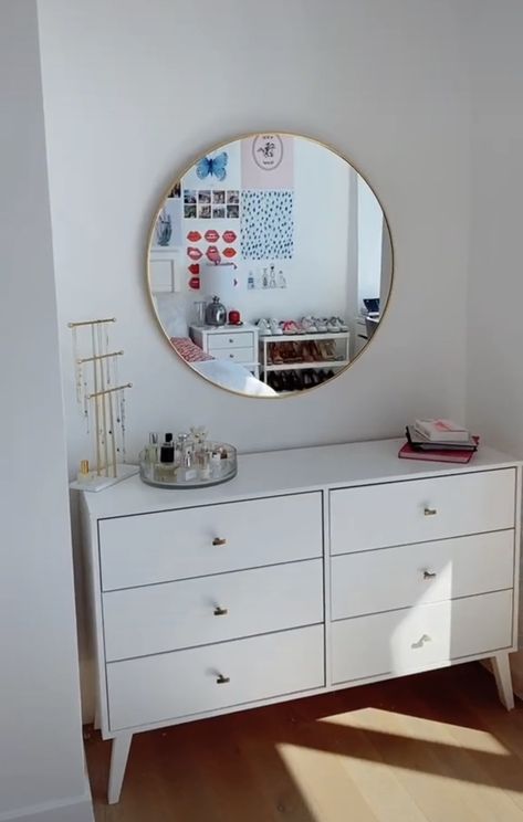 Room Decor Dresser Top, Circle Mirror Over Dresser, Circle Mirror Dresser, Dresser Storage Ideas Top Of, Mirror On Top Of Dresser, Dresser With Circle Mirror, Round Mirror Above Dresser, Cute Dressers Bedroom, How To Decorate A Dresser Top Bedroom