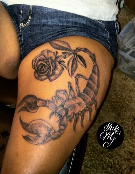 Scorpio Leg Tattoo Women, Scorpio Tattoo Thigh, Scorpio Leg Tattoo, Rip Tattoos For Dad, Scorpio Tattoos, Rip Tattoos, Girl Thigh Tattoos, Hip Thigh Tattoos, Birthday Tattoo