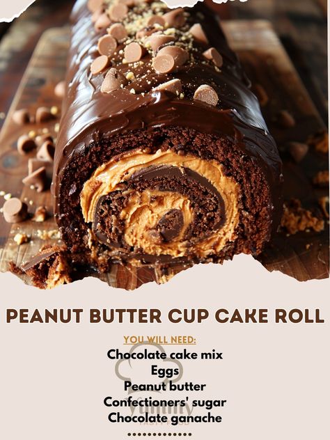 🎉 Dive into indulgence with this Peanut Butter Cup Cake Roll! 🎂🥜 #SweetTreat Peanut Butter Cup Cake Roll Ingredients: Chocolate cake mix Eggs, oil, water Peanut butter Confectioners' sugar Chocolate ganache Instructions: Prepare the cake as directed and roll up to cool. Mix peanut butter with confectioners' sugar. Unroll cake, spread filling, and reroll. Cover with ganache. 🍰✨ Ready to wow at any gathering, this Peanut Butter Cup Cake Roll is a must-try dessert that's as fun to make as it i... Peanut Butter Cup Roll Cake, Reeces Peanut Butter Cup Roll Cake, Reese Peanut Butter Cup Roll Cake, Peanut Butter Cupcake Roll, Reeses Peanut Butter Cup Roll Cake, Reese’s Peanut Butter Cup Roll Cake, Chocolate Peanut Butter Roll, Chocolate Peanut Butter Roll Cake, Peanut Butter Cake Roll Recipe