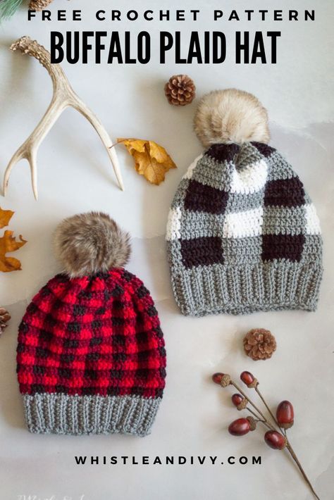 Crochet Plaid, Plaid Crochet, Plaid Hat, Hat Patterns Free, Bun Beanie, Messy Bun Beanie, Cozy Crochet Patterns, Crochet Santa, Plaid Hats