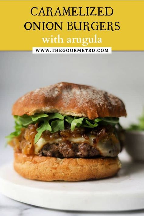 This perfectly grilled beef burger is juicy, flavorful and everything you’re looking for! It is topped with melty muenster cheese, heaps of caramelized onions and fresh, peppery arugula. Onion Burgers, Carrot Slaw, Dairy Free Meals, Muenster Cheese, Onion Burger, Ground Beef Recipe, Grilled Beef, Beef Burger, Food Plan