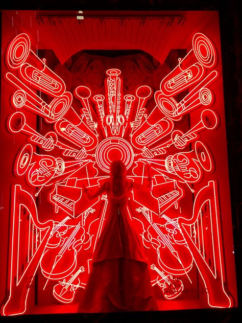 New York Philharmonic, Window at Bergdorf Goodman's "To New York with Love" Holiday Window Displays Holiday Window Display, Red Neon, Window Display Design, Store Windows, Christmas Window, Store Displays, Display Design, Stage Design, Booth Design