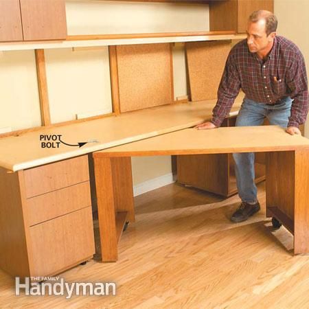 pivoting desk Desk Plans, Desk Area, Dream Craft Room, Craft Room Design, Desk Areas, Scrapbook Room, Craft Room Storage, Craft Room Office, Sewing Rooms