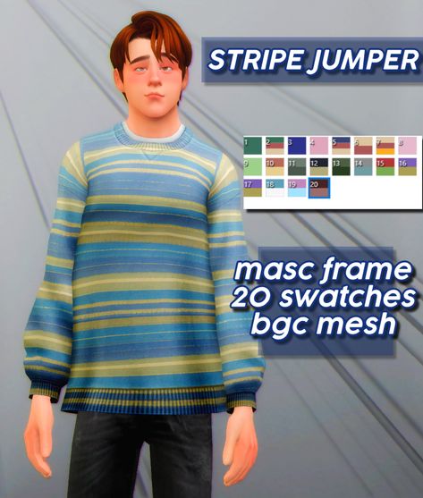 Sims 4 Cc Striped Sweater, Sims 4 Cc Grandpa Sweater, Male Jumper, Male Sweaters, Cute Jumpers, Stripe Jumper, Casas The Sims 4, Sims4 Clothes, Los Sims