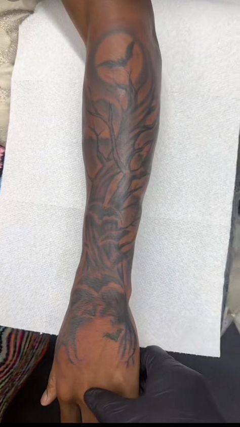 Tree Of Life Tattoo Men Shoulder, Mens Tattoos Sleeves Ideas, Boondocks Sleeve Tattoo, Inner Forearm Cover Up Tattoo Men, Side Of Arm Tattoo Men, Backside Forearm Tattoo, Inside Leg Tattoo Men, Trees Sleeve Tattoo, Tree Branch Tattoo Men