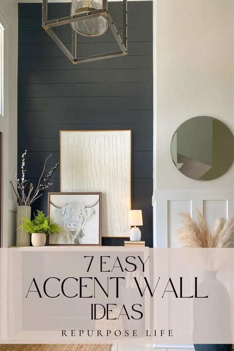 These easy accent wall ideas are a great way to elevate a room. Accent walls make a room feel bigger and make a statement at the same time. Accent Wall With Ceiling Beams, Dimensional Accent Wall Living Room, Wooden Accent Wall Dining Room, Entrance Accent Wall Ideas, Partial Accent Wall Living Room, Statement Wall Entryway, Entry Way Feature Wall Ideas, Entryway Feature Wall Ideas, Craftsman Accent Wall