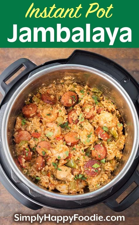 Instant Pot Jambalaya is a Cajun Creole mix of sausage, chicken, and shrimp, with rice and lots of spices! Pressure cooker jambalaya is delicious and filling. Nothing else tastes like this! Cajun Instant Pot recipes by simplyhappyfoodie.com Shrimp With Rice, Jambalaya Recipe Instant Pot, Instant Pot Jambalaya, Quick Cooker Recipes, Instapot Recipes Chicken, Slow Cooker Jambalaya, Instant Meals, Instapot Meals, Instant Pot Rice