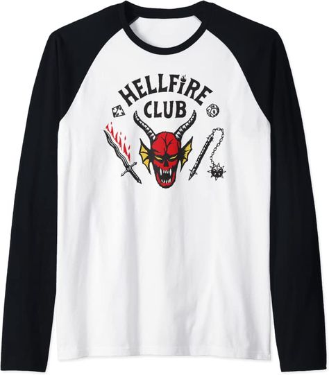 Amazon.com: Stranger Things 4 Hellfire Club Logo Raglan Baseball Tee : Clothing, Shoes & Jewelry Hellfire Club, Baseball Tee Shirts, Stranger Things 4, Club Logo, Stranger Things Season, Preppy Aesthetic, Club Shirts, Online Fashion Stores, Baseball Tee