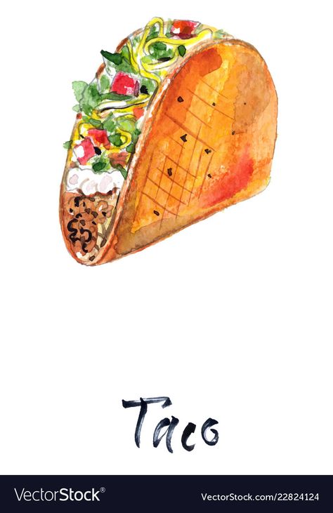 Taco Watercolor Illustration, Taco Illustration Art, Taco Sketch, Watercolor Taco, Taco Painting, Tacos Drawing, Veggies Drawing, Hot Chocolate Vector, Taco Art