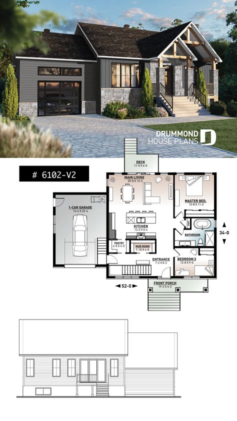 2 bedroom ranch style house plan with garage, pantry, kitchen island and open floor plan concept 2 Bedroom 1 Floor House Plans, House Plans With Bedrooms In Basement, 2 Bed 2 Bath 2 Car Garage House Plans, Two Bedroom House Plans Open Floor Small, Two Bedroom Ranch House Plans, Norwegian House Plans, House Exterior 1 Floor, 2 Bedroom 2.5 Bath House Plans, Small Scandinavian House Plans