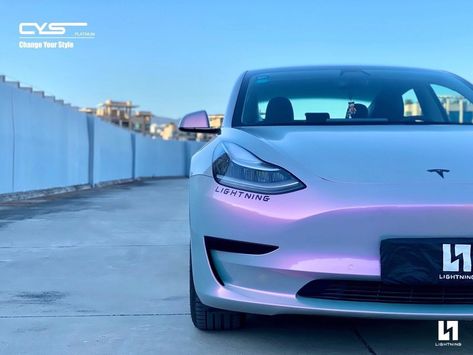 Tesla Model 3 Car Wrap, Pink Wrapped Tesla, Tesla Model 3 Wrap Pink, Opal Car Wrap, Pearl Wrap Car, Tesla Wrap Cars, Car Vinyl Wrap Ideas, Tesla Model Y Wrapped, Model Y Wrap Tesla