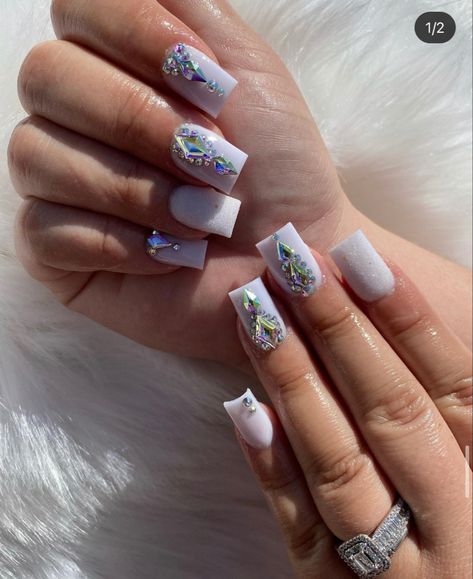 Short White Nails Diamonds, Partial Bling Nails, Short Nail Designs With Bling, Short Acrylic Nails Jewels, Short Acrylic Nails Designs With Stones, Rine Stone Nails Designs Short Nails, Short Glam Nails Rhinestones, Short Square Bling Nails, Short Bedazzled Acrylic Nails